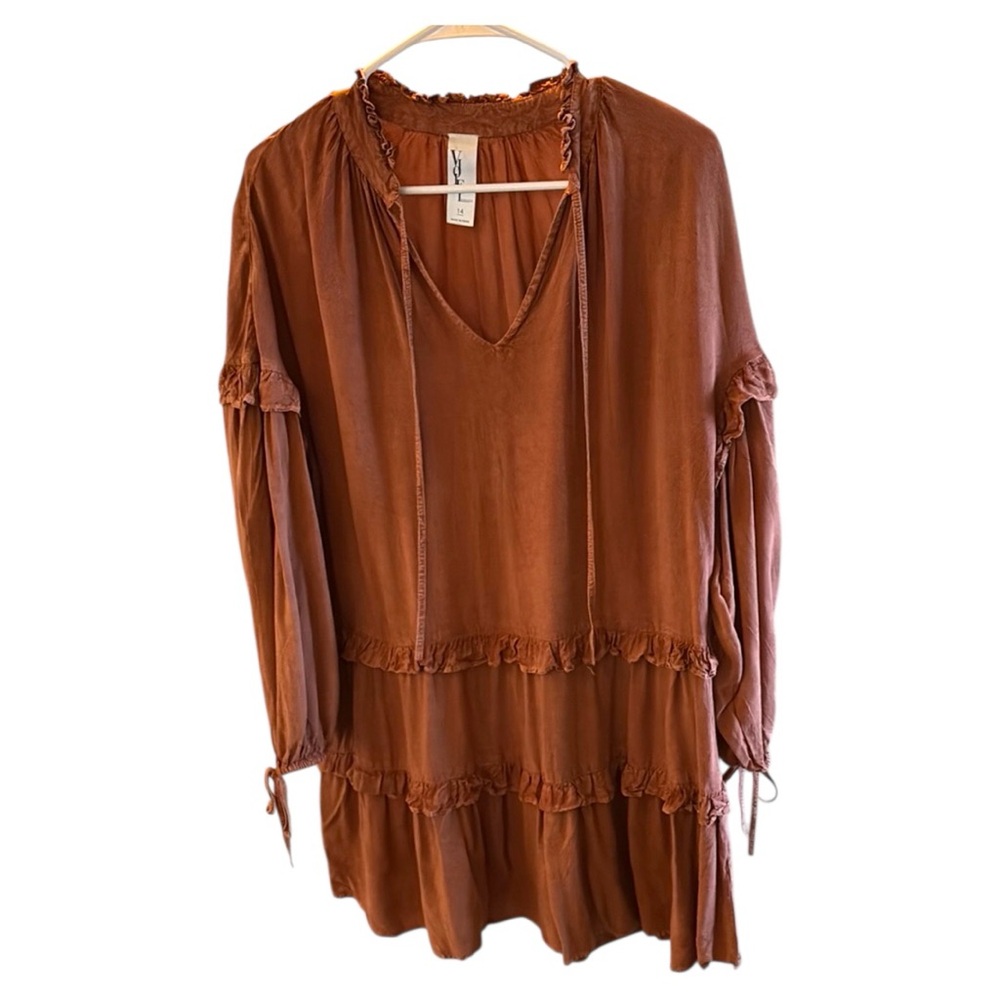 Violet Romance Tiered Ruffle Boho Free People Style Rust Mini Dress Size 10